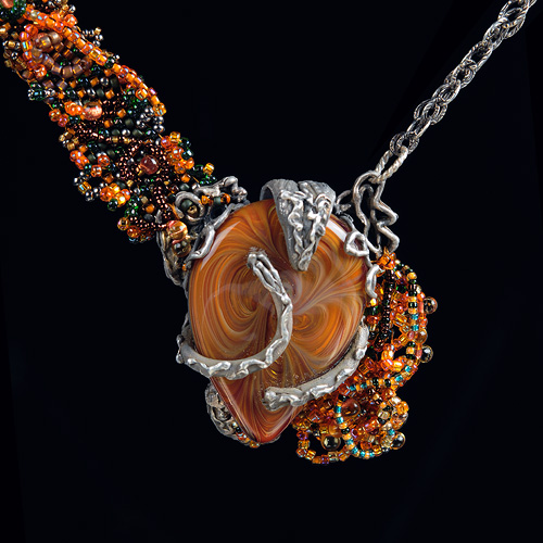 Stan Rosier - Silver, glass and seed bead necklace. Glass cabochon by Gregory Hanson